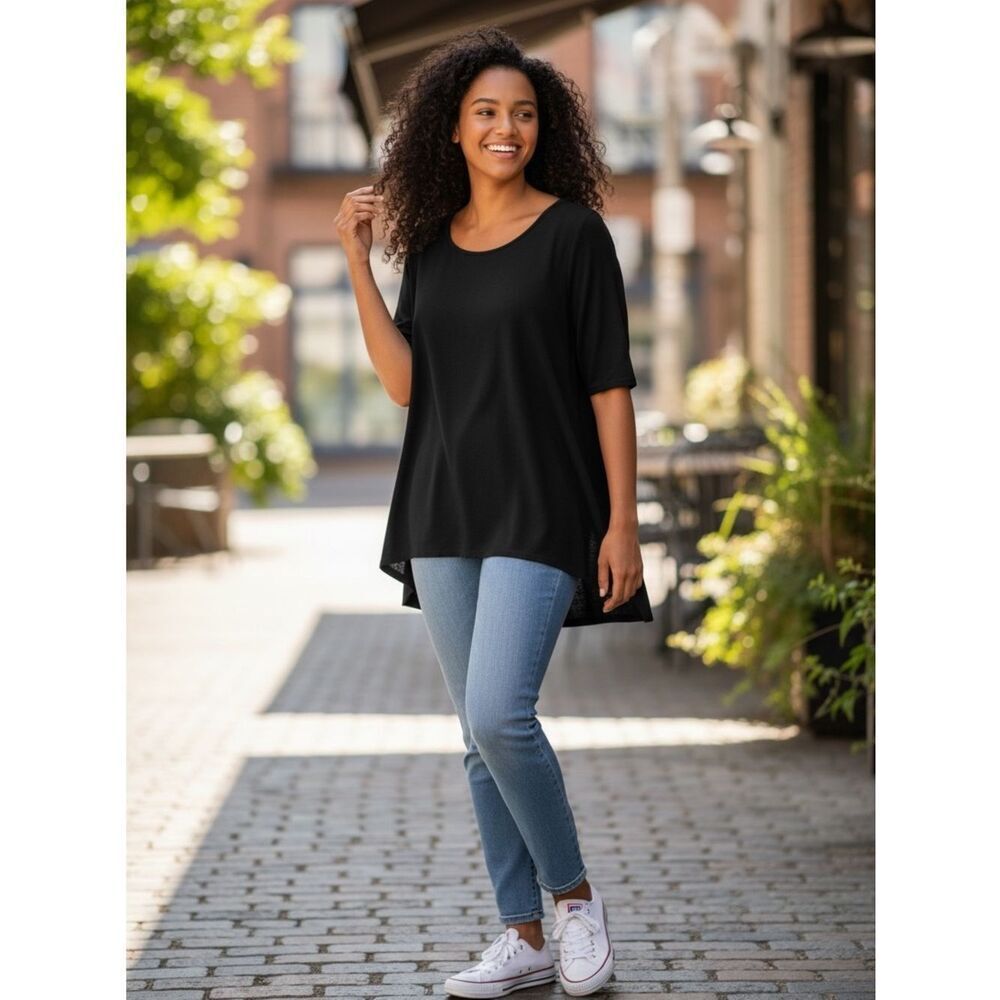 NEW Johnny Was Calme Black Cafe Scoop Neck Short Sleeve Hi-Low Blouse Top L